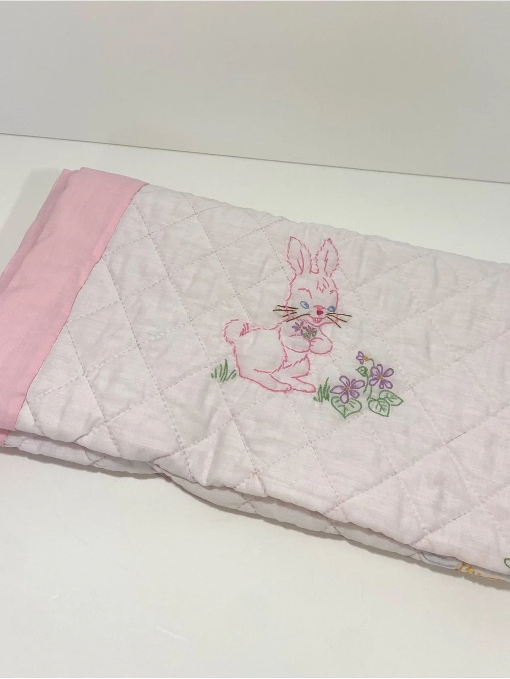 Vintage White & Pink Quilted Baby Blanket with Embroidered Animals